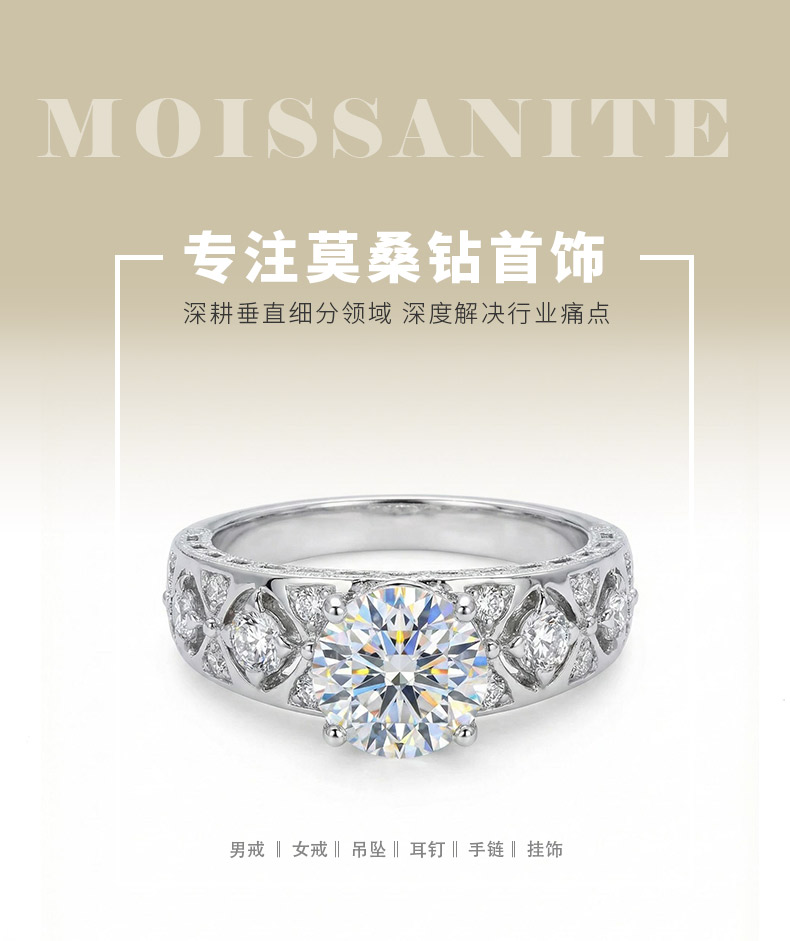 XY03款S925银镀18K白金圆形莫桑钻宫廷风镂空女戒主石6.5mm/1.0ct - 1