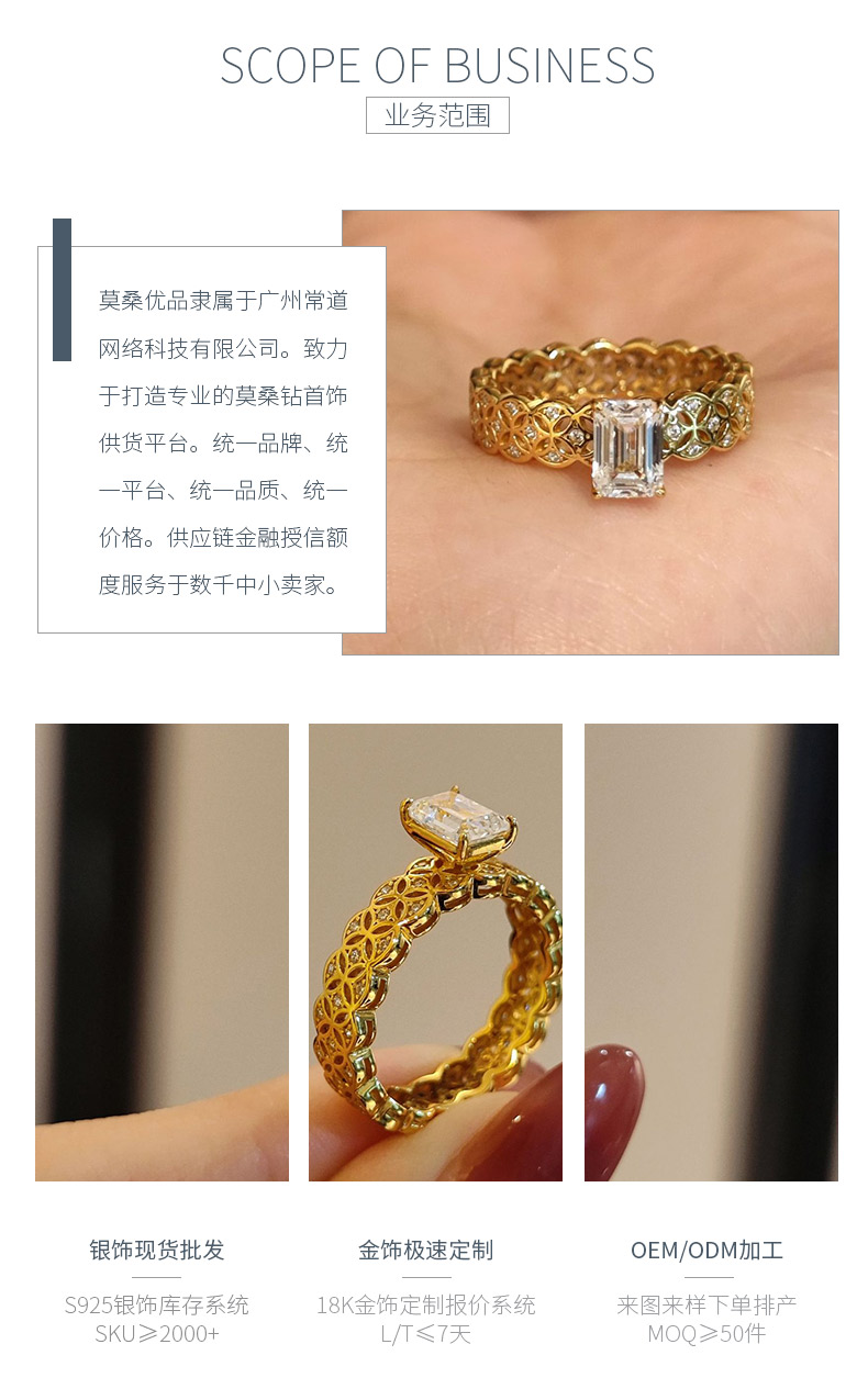 XY06款S925银镀18K黄金祖母绿切割形莫桑钻镂空女戒7*5mm/1.0ct - 3