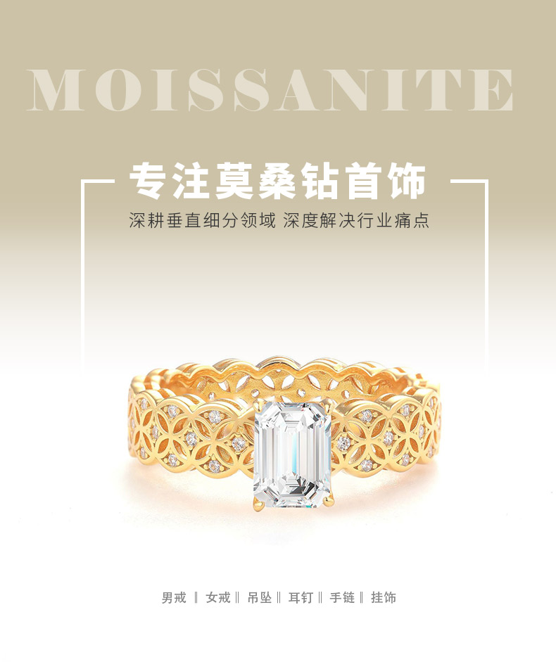 XY06款S925银镀18K黄金祖母绿切割形莫桑钻镂空女戒7*5mm/1.0ct - 1