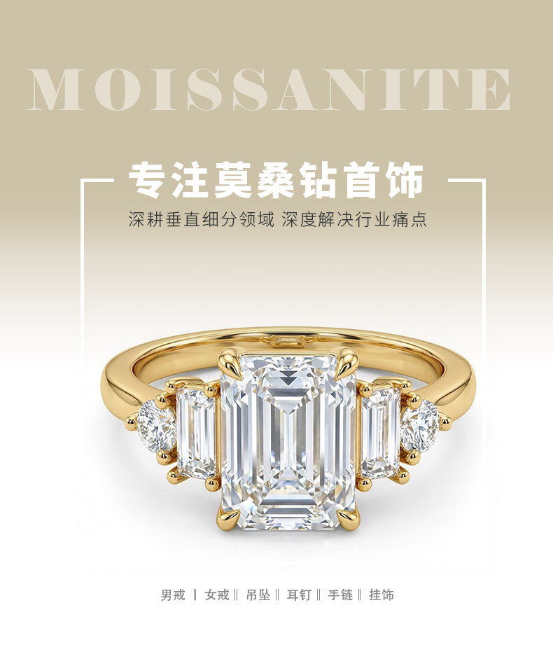 XY52款S925银镀18K黄金祖母绿切割形莫桑钻欧美轻奢女戒主石8*6mm/2.0ct - 1