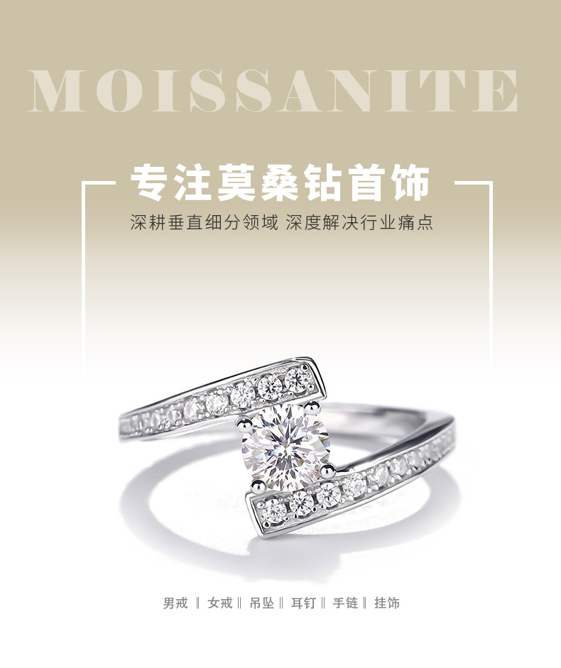 SN483款S925银镀18K白金圆形莫桑钻星宿轨迹女戒主石5.0mm/0.5ct - 1