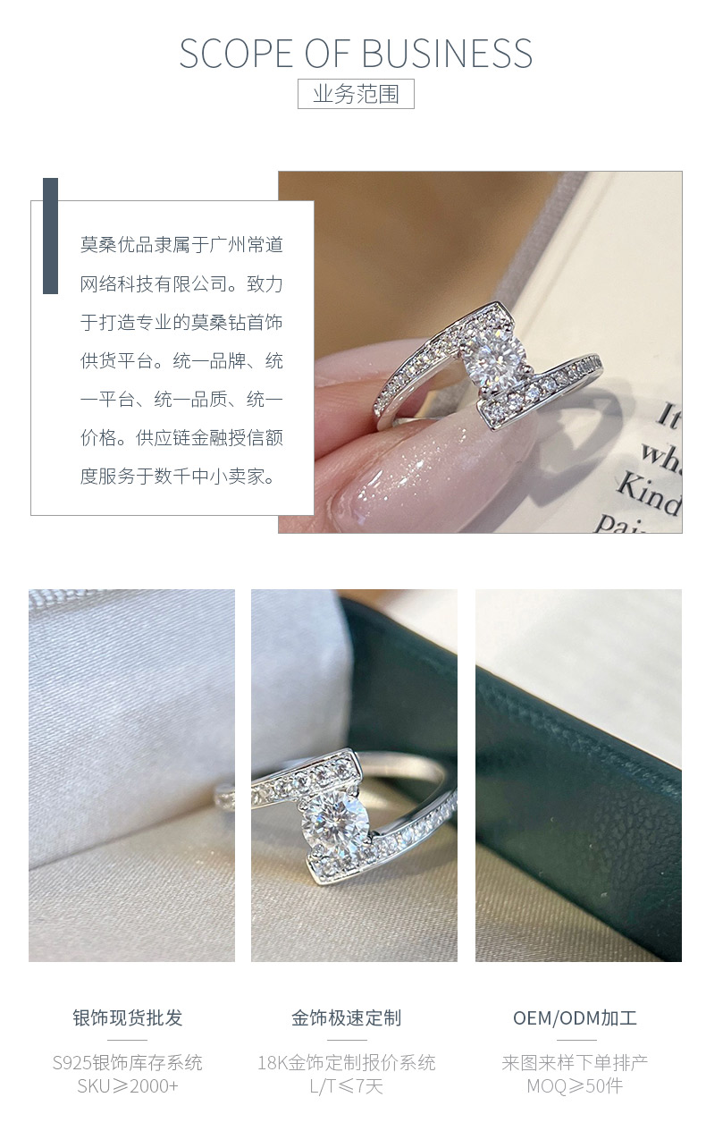SN483款S925银镀18K白金圆形莫桑钻星宿轨迹女戒主石5.0mm/0.5ct - 3