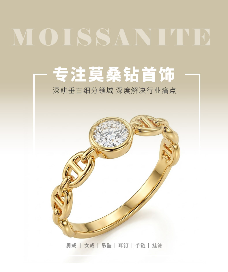 XY42款S925银镀18K黄金圆形莫桑钻轻奢女戒主石5.0mm/0.5ct - 1