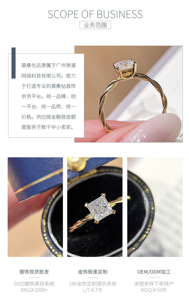 SN491款S925银镀18K黄金公主方形莫桑钻麻花扭臂女戒主石5.0mm/0.8ct - 3