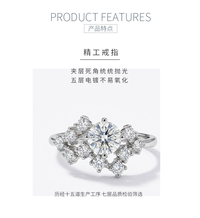 SN098款S925银镀18K白金圆形莫桑钻满天星女戒主石6.5mm/1.0ct - 5