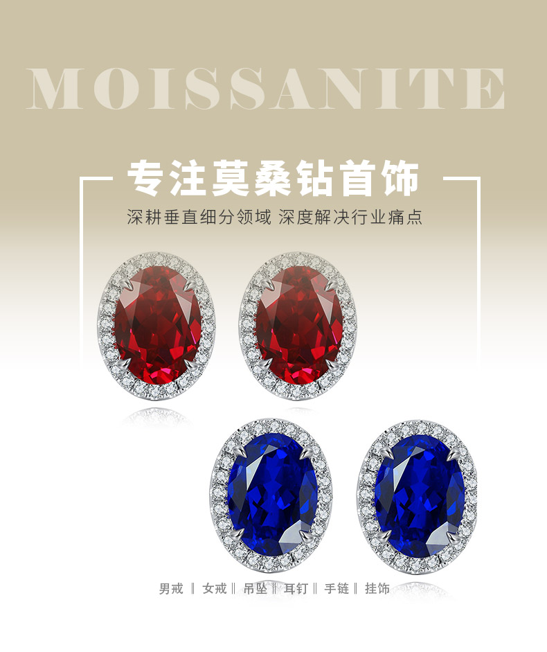 E093培育彩宝S925银镀白金耳钉7*5mm/2.18ct一对 - 1