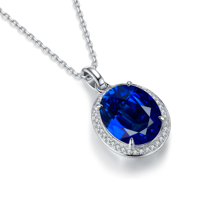 N089款S925银镀18K白金蛋形培育彩宝Necklace主石7.5*10mm/3.5ct