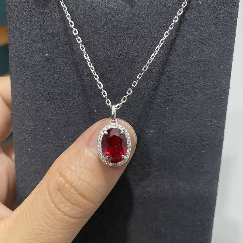 N089款S925银镀18K白金蛋形培育彩宝Necklace主石7.5*10mm/3.5ct