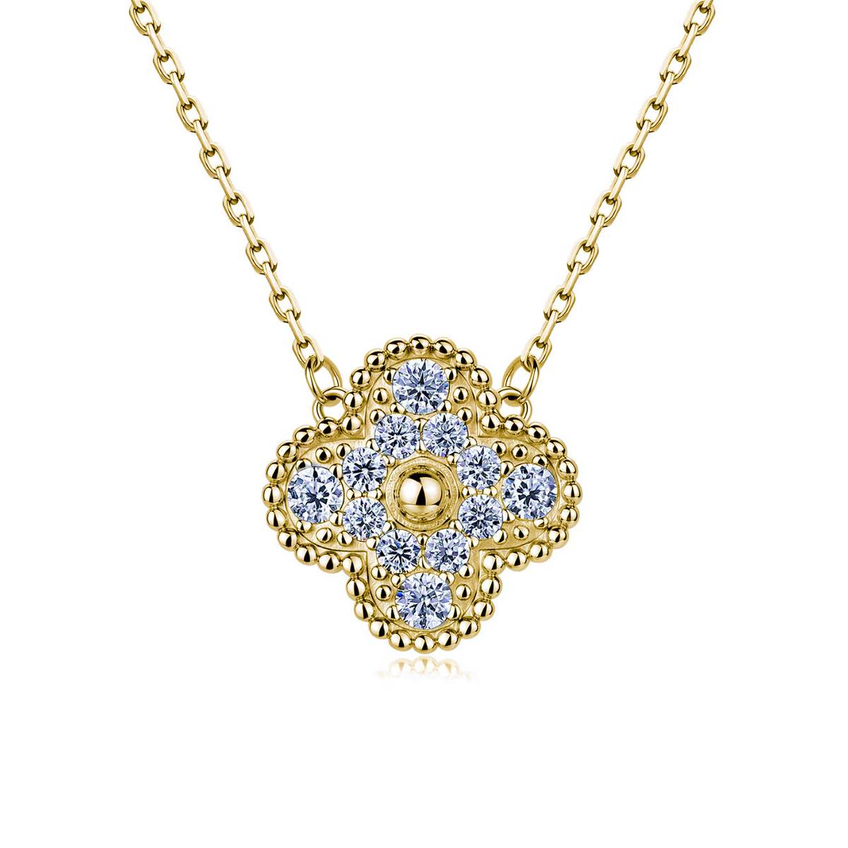 SN0229803款银镀18K金围珠四叶草MoissaniteNecklace0.5ct