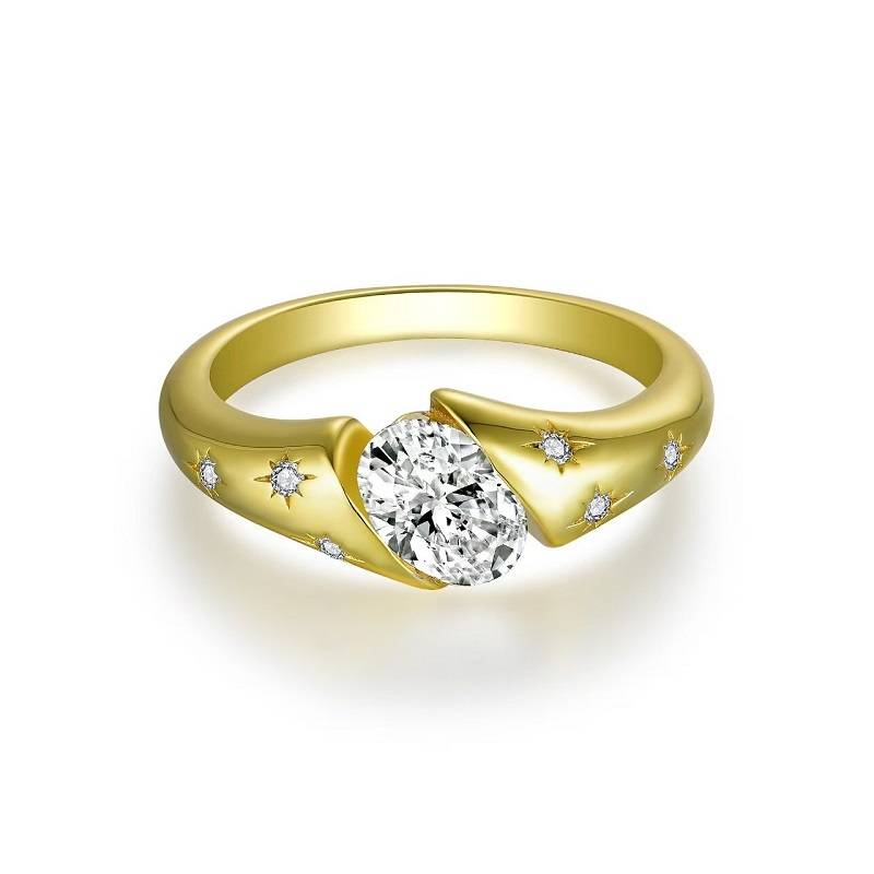 R3-0625星辰金光款S925银镀18K黄金蛋形莫桑钻女戒主石7*5mm/1.0ct