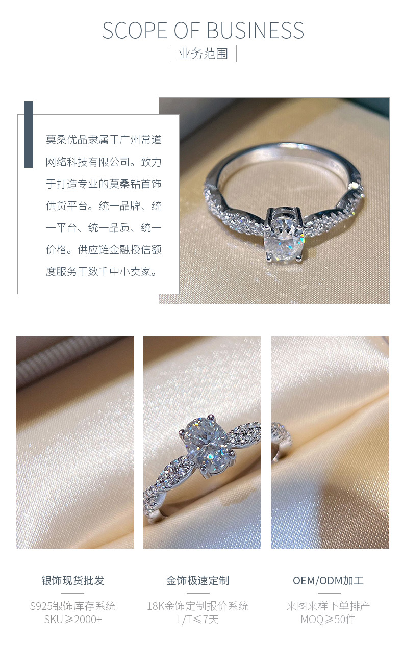 SN511款S925银镀18K白金蛋形莫桑钻交叠生辉女戒主石7*5mm/1.0ct - 3