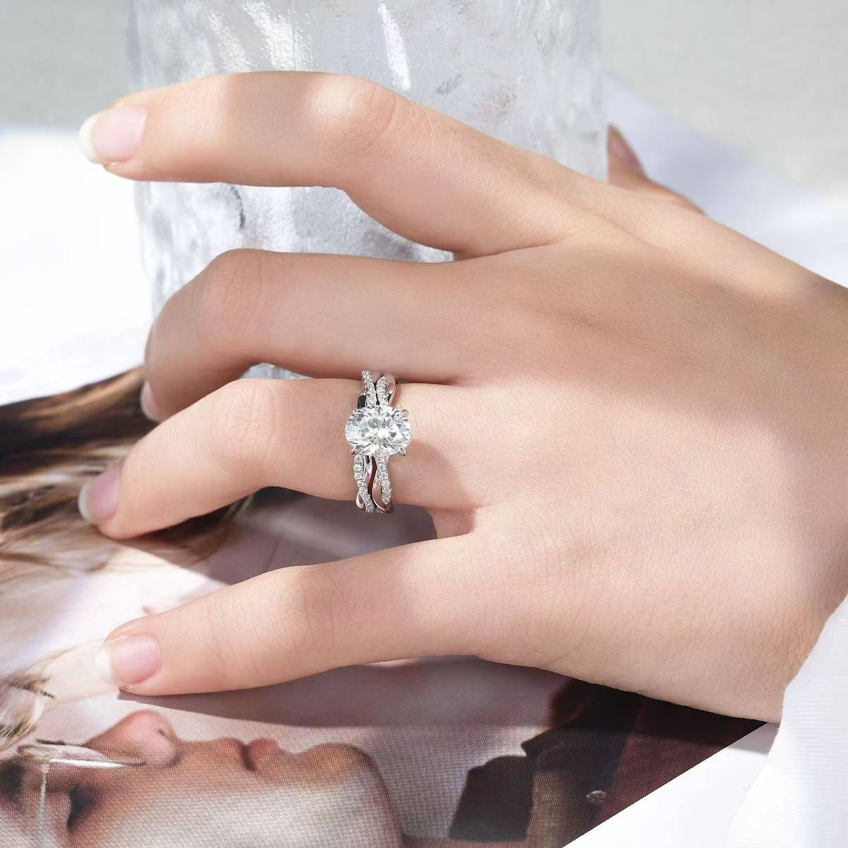 R3-0358椭影藤蔓款S925银镀18K白金蛋形MoissaniteWomen's Ring主石9*7mmmm/2.0c