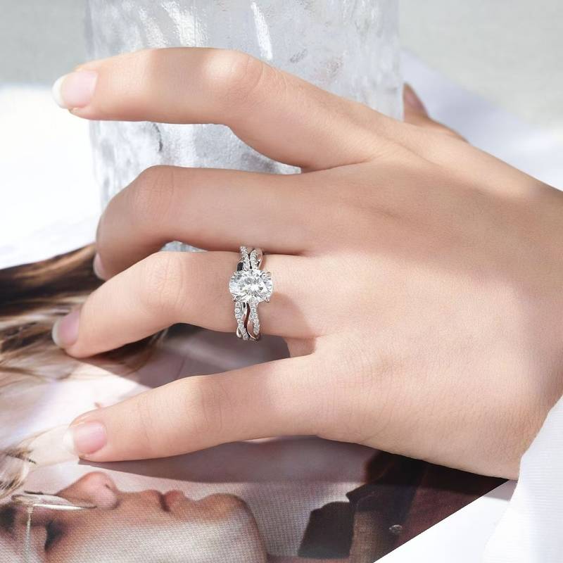 R3-0358椭影藤蔓款S925银镀18K白金蛋形MoissaniteWomen's Ring主石9*7mmmm/2.0c