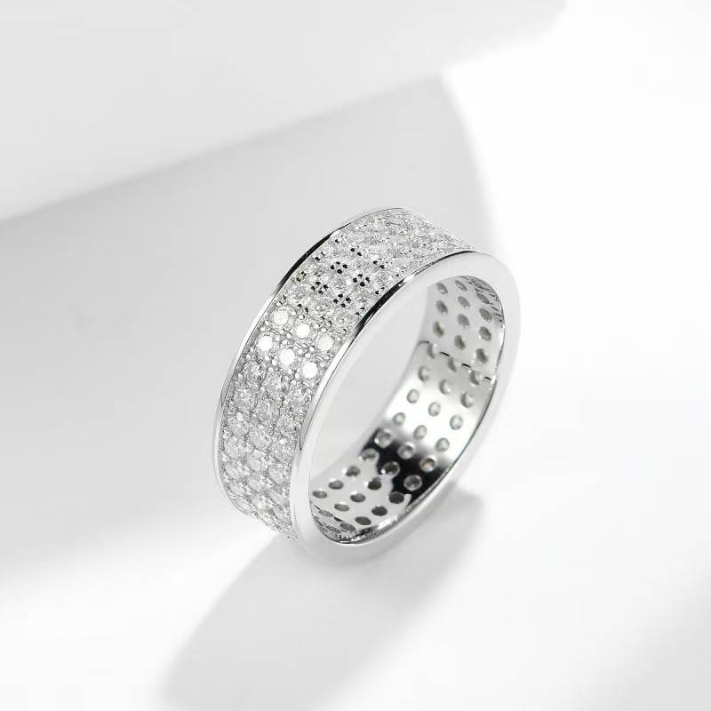 R3-0645三重星光款S925银镀18K白金圆形Moissanite满镶排戒1.67ct