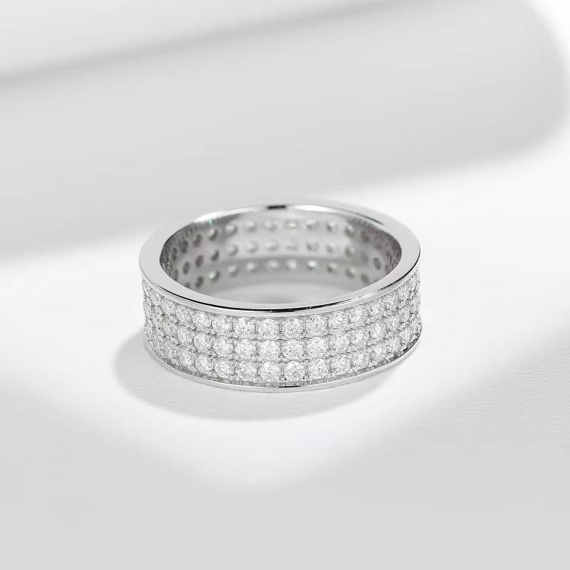 R3-0645三重星光款S925银镀18K白金圆形Moissanite满镶排戒1.67ct