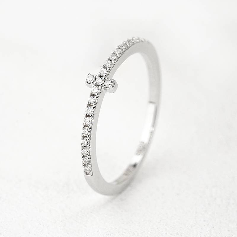 R3-0675十字架款S925银镀18K白金圆形Moissanite排戒0.17ct