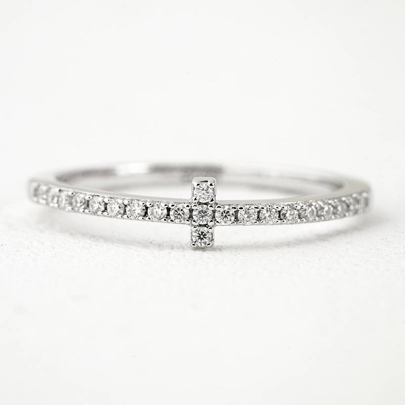 R3-0675十字架款S925银镀18K白金圆形Moissanite排戒0.17ct