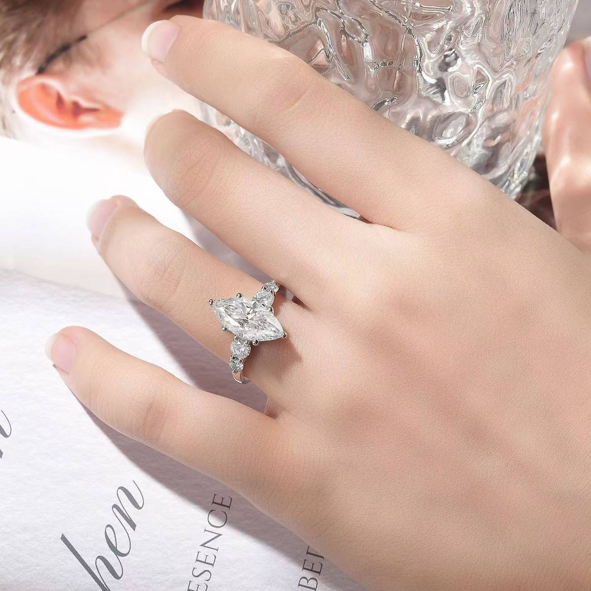 R3-0603橄榄星光款S925银镀18K白金马眼形MoissaniteWomen's Ring主石7*14mmmm/3ct