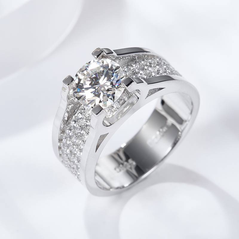 RM2008B俊逸Men's Ring款S925银镀18K白金圆形MoissaniteMen's Ring主1.0ct/2.0ct