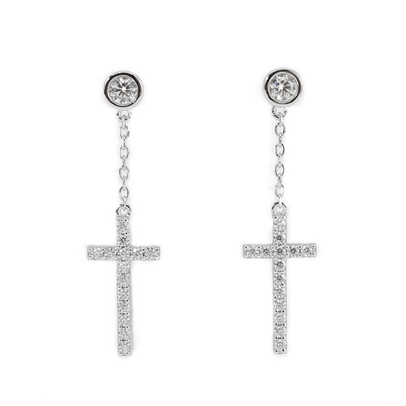 SME3-0060纯净十字款S925银镀18K白金圆形MoissaniteStud Earring0.48ct