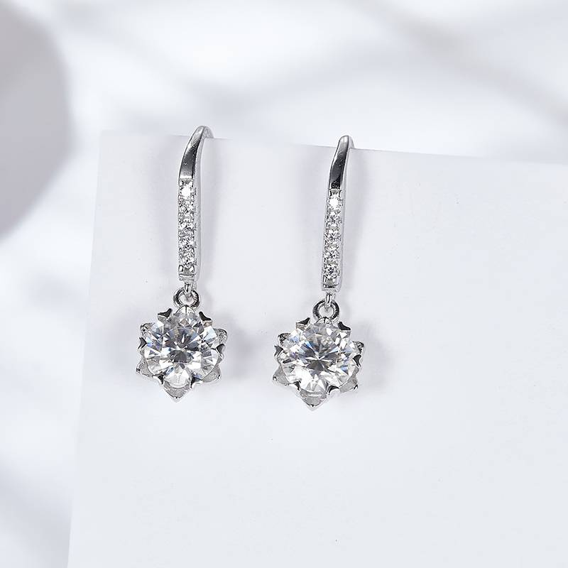 EM4011E冰雪奇缘款S925银镀18K白金圆形Moissanite耳勾耳环0.5ct*2/1.0ct*2