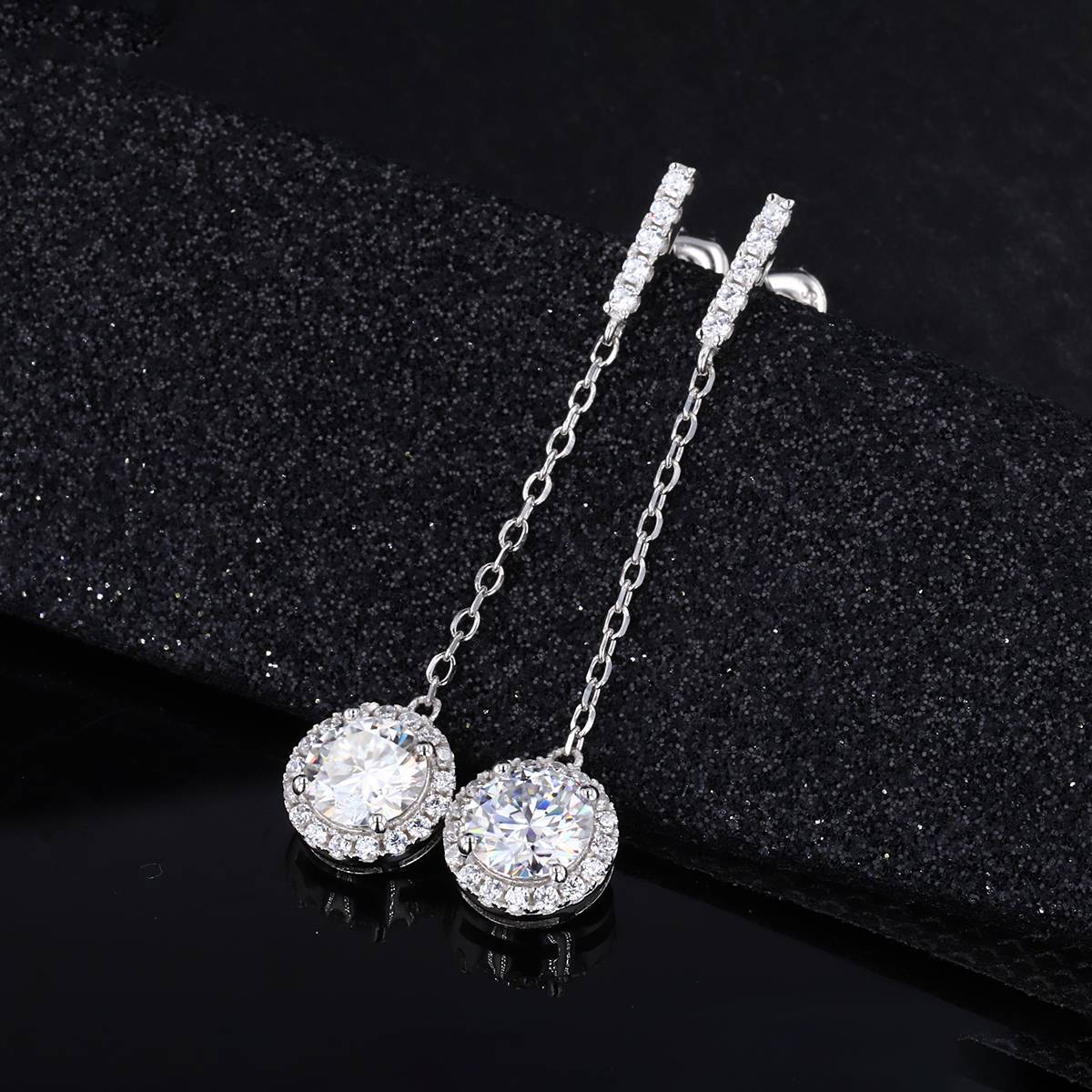 EM4008E星辰流苏款S925银镀18K白金圆形Moissanite流苏Stud Earring0.5ct*2/1.0ct*2