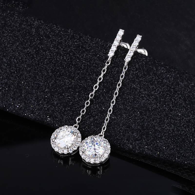 EM4008E星辰流苏款S925银镀18K白金圆形莫桑钻流苏耳钉0.5ct*2/1.0ct*2