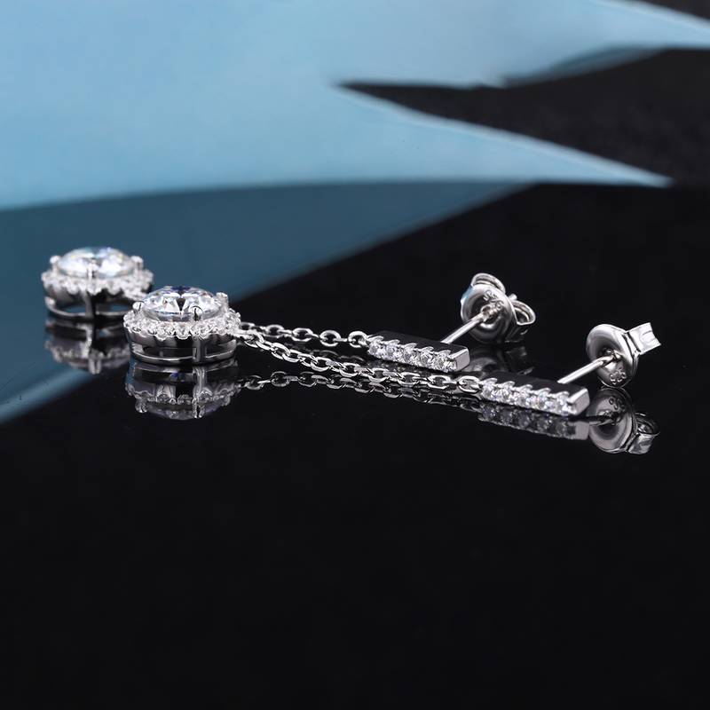 EM4008E星辰流苏款S925银镀18K白金圆形莫桑钻流苏耳钉0.5ct*2/1.0ct*2