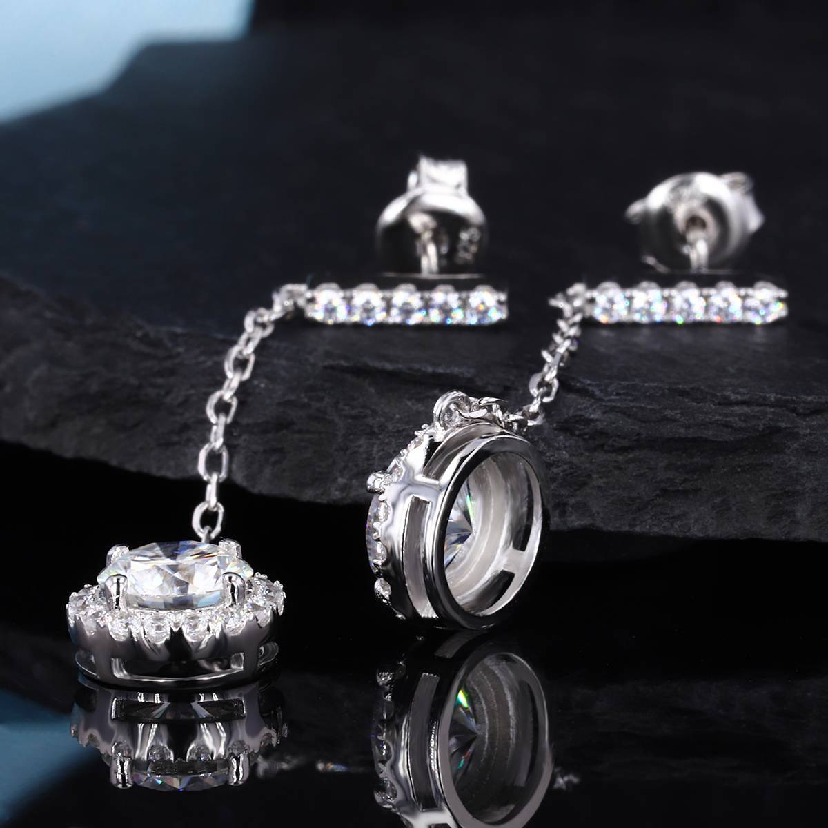 EM4008E星辰流苏款S925银镀18K白金圆形Moissanite流苏Stud Earring0.5ct*2/1.0ct*2