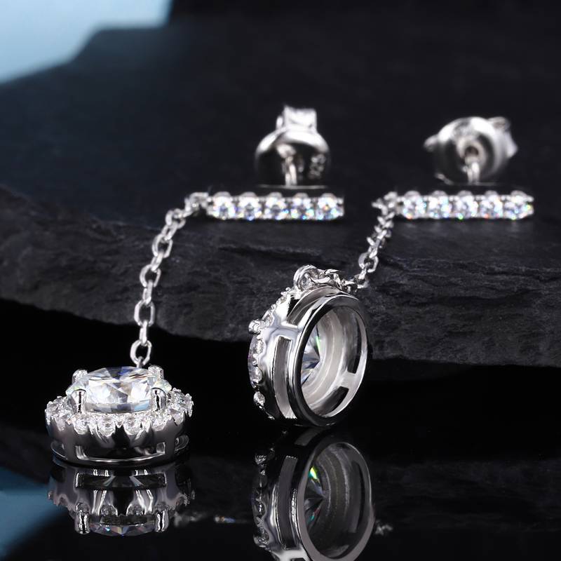 EM4008E星辰流苏款S925银镀18K白金圆形莫桑钻流苏耳钉0.5ct*2/1.0ct*2