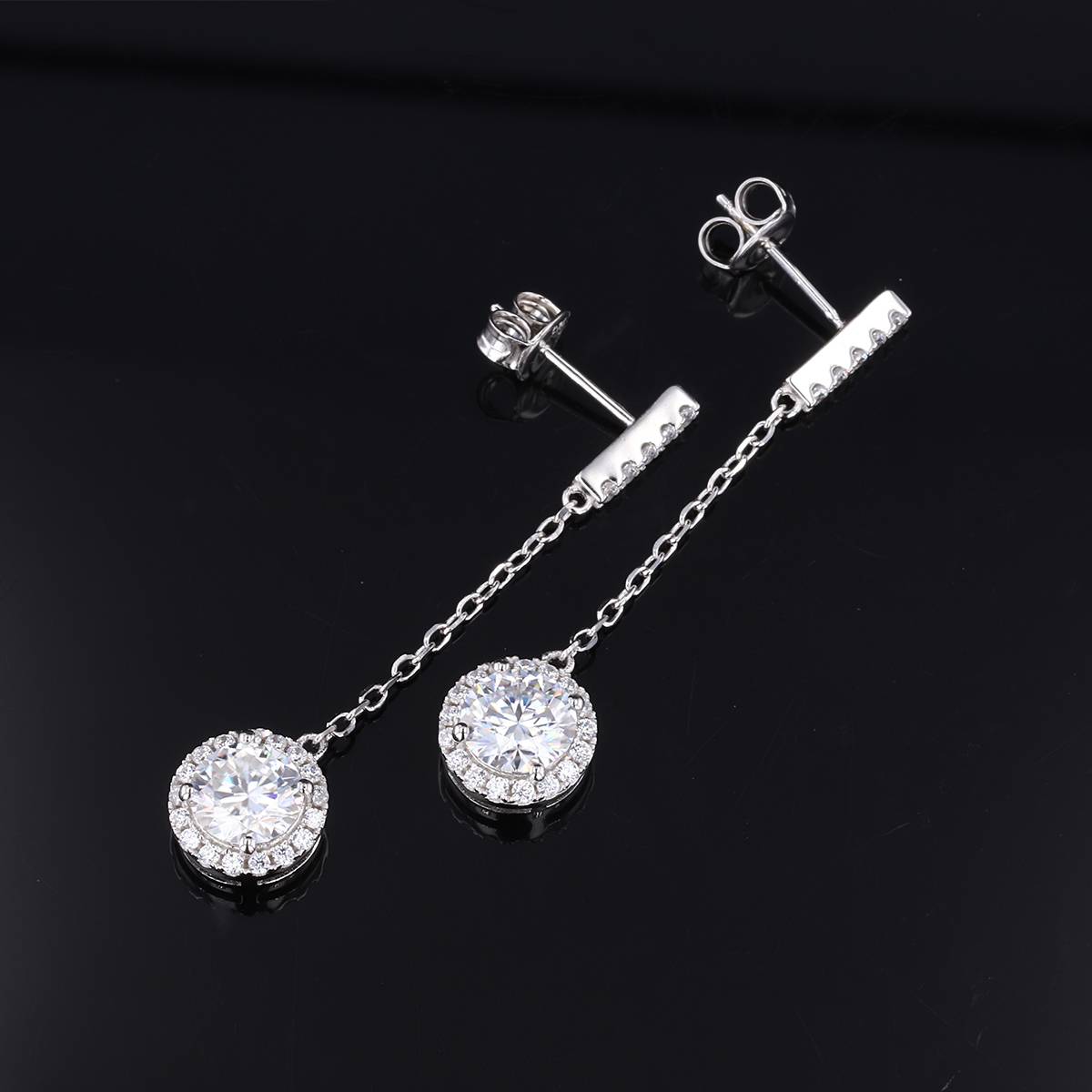 EM4008E星辰流苏款S925银镀18K白金圆形Moissanite流苏Stud Earring0.5ct*2/1.0ct*2
