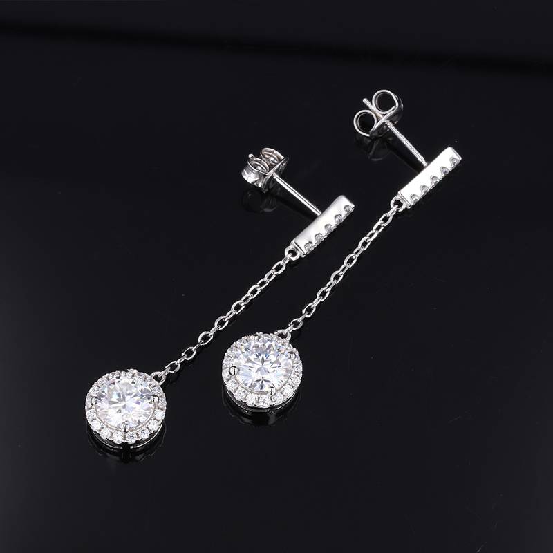 EM4008E星辰流苏款S925银镀18K白金圆形莫桑钻流苏耳钉0.5ct*2/1.0ct*2