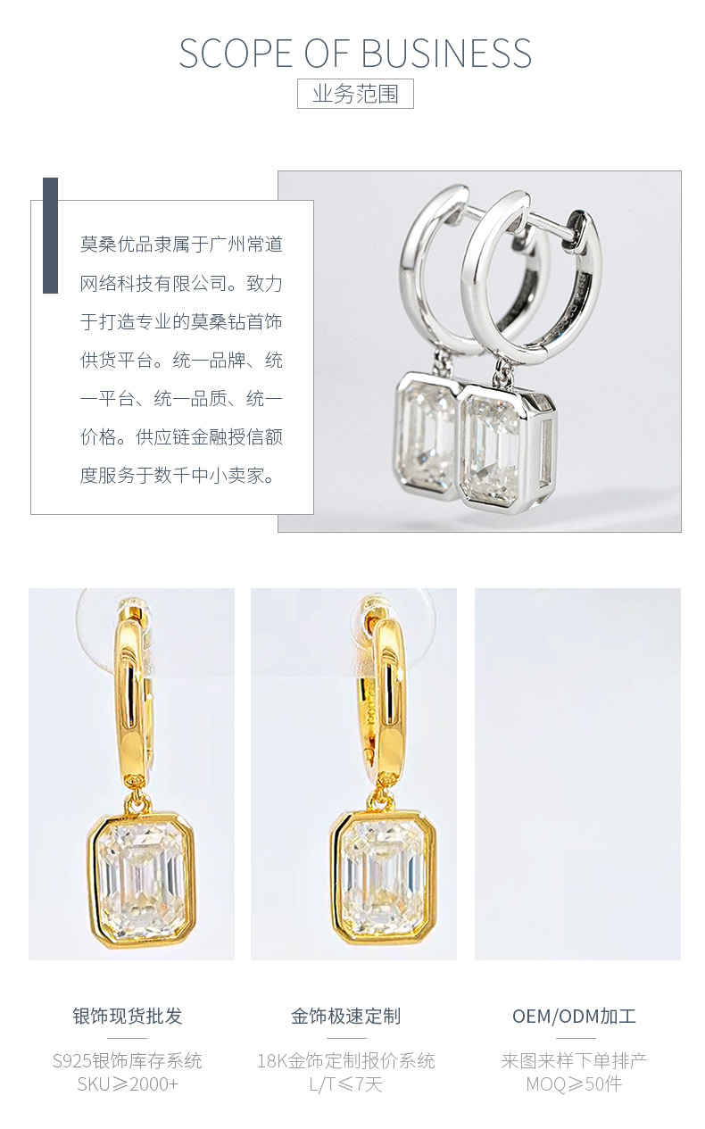 SME3-0048方雅风情款S925银镀18K金祖母绿形莫桑钻耳环2.0ct*2 - 3
