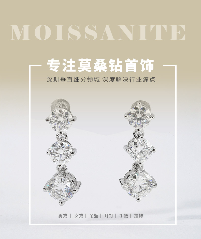 SME3-0058绮排韵珥款S925银镀18K白金圆形莫桑钻摇曳生姿耳钉3.6ct - 1