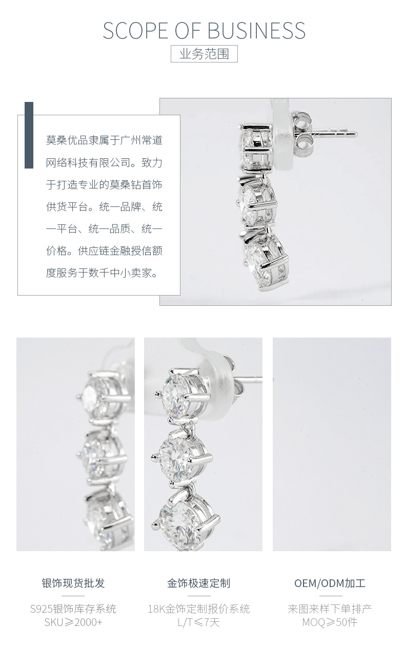 SME3-0058绮排韵珥款S925银镀18K白金圆形莫桑钻摇曳生姿耳钉3.6ct - 3