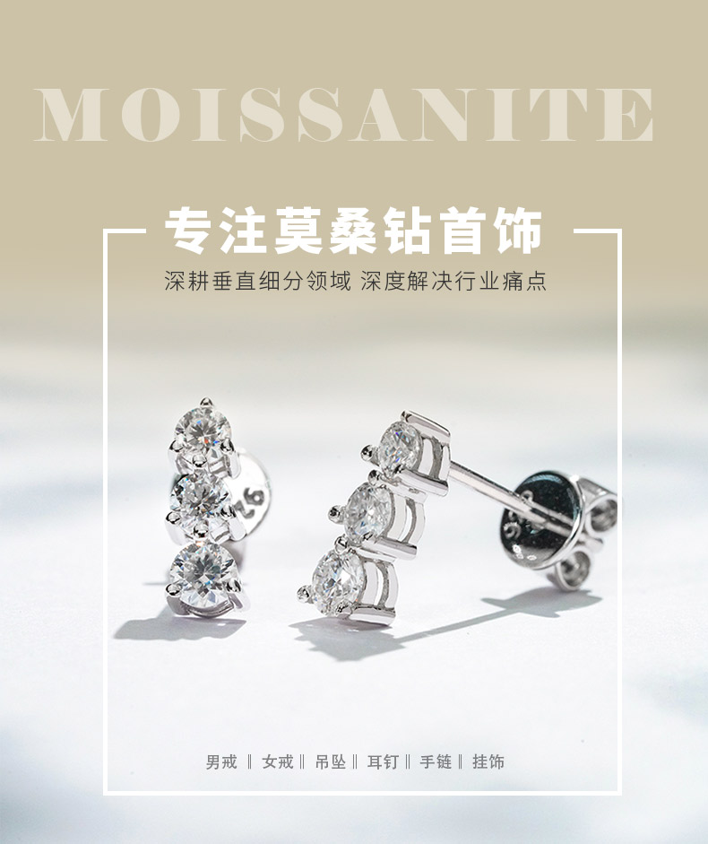 SME3-0140绮排韵珥款S925银镀18K白金圆形莫桑钻耳钉0.5ct - 1