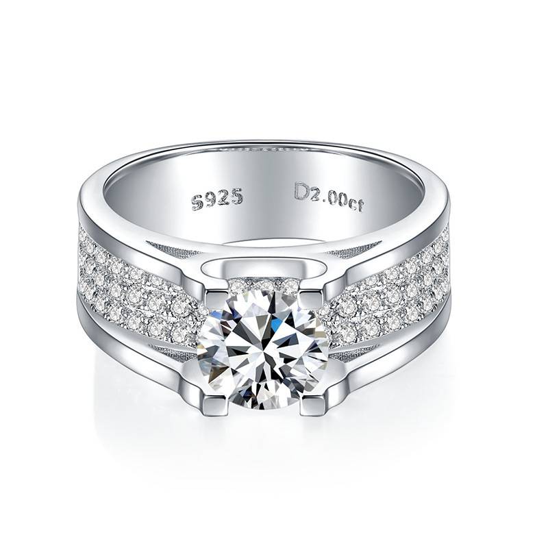 RM2008B俊逸Men's Ring款S925银镀18K白金圆形MoissaniteMen's Ring主1.0ct/2.0ct