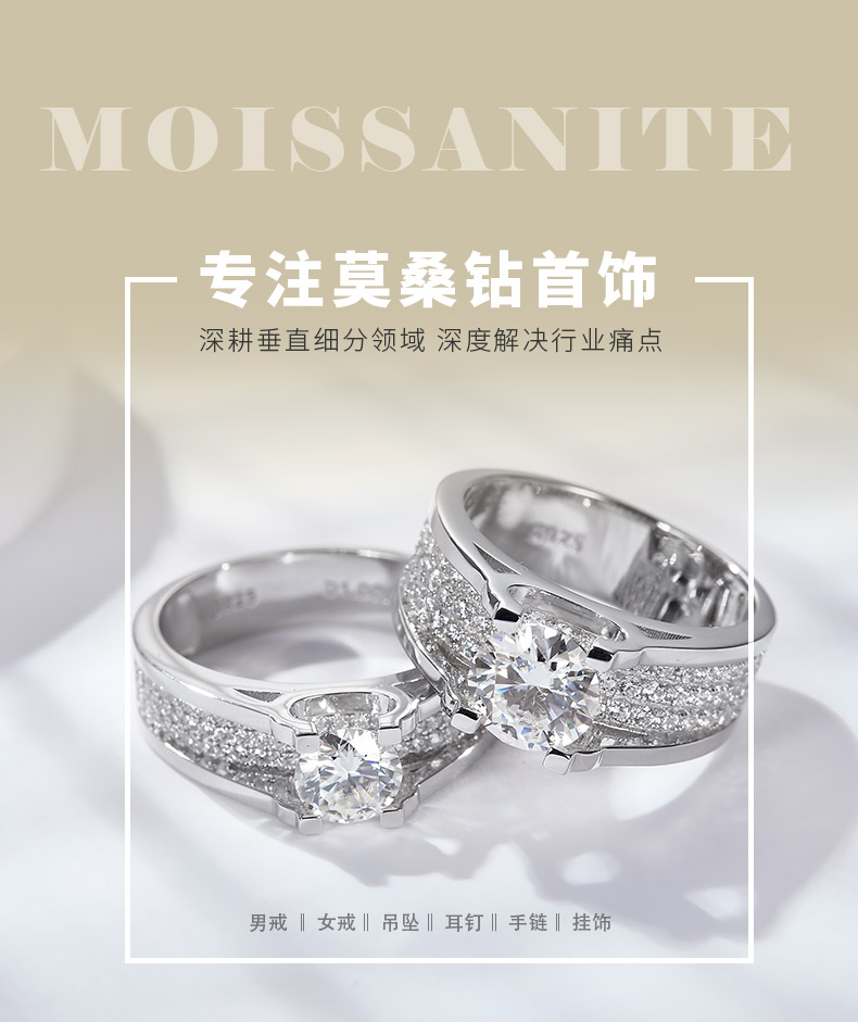 RM2008B俊逸男戒款S925银镀18K白金圆形莫桑钻男戒主1.0ct/2.0ct - 1