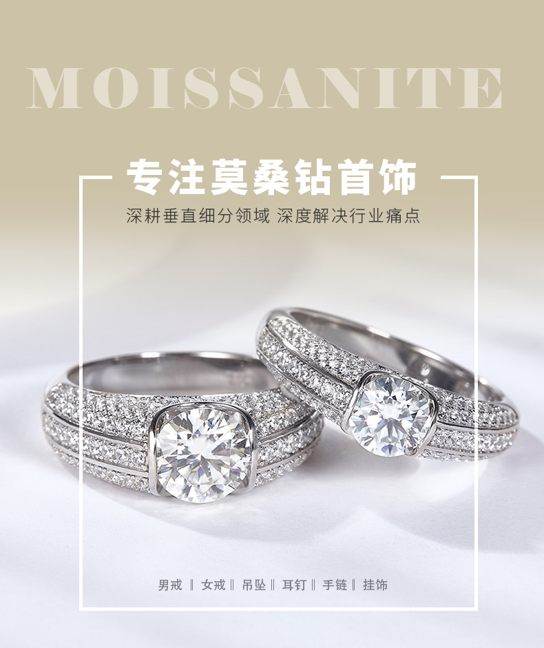 RM2009B渊博之戒款S925银镀18K白金圆形莫桑钻男戒主1.0ct/2.0ct - 1