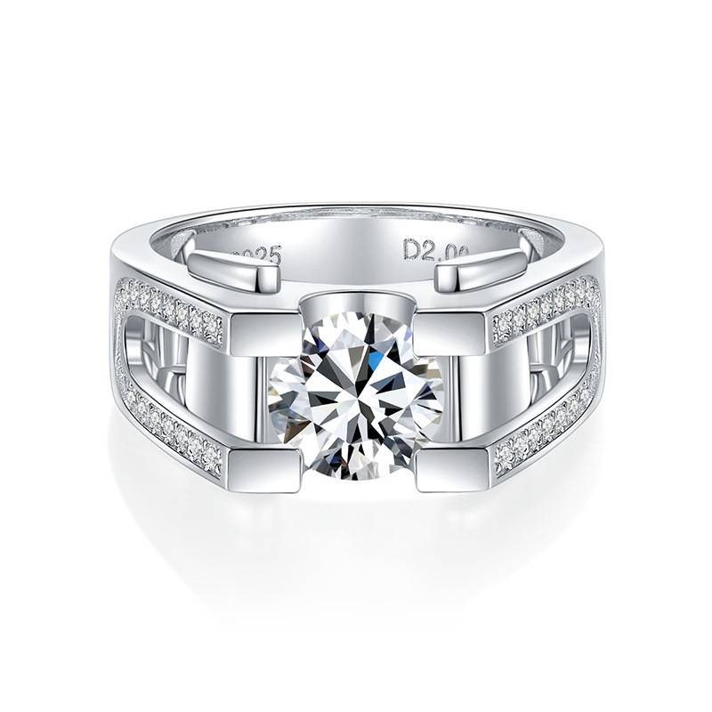 RM2010B卓越Men's Ring款S925银镀18K白金圆形MoissaniteMen's Ring主1.0ct/2.0ct