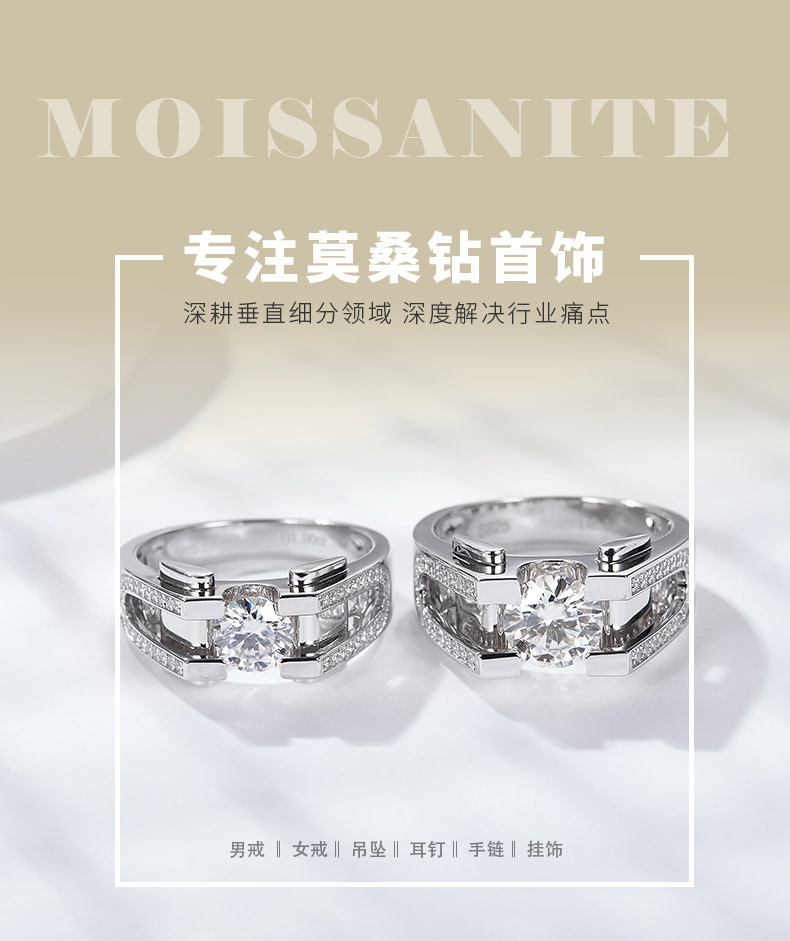RM2010B卓越男戒款S925银镀18K白金圆形莫桑钻男戒主1.0ct/2.0ct - 1