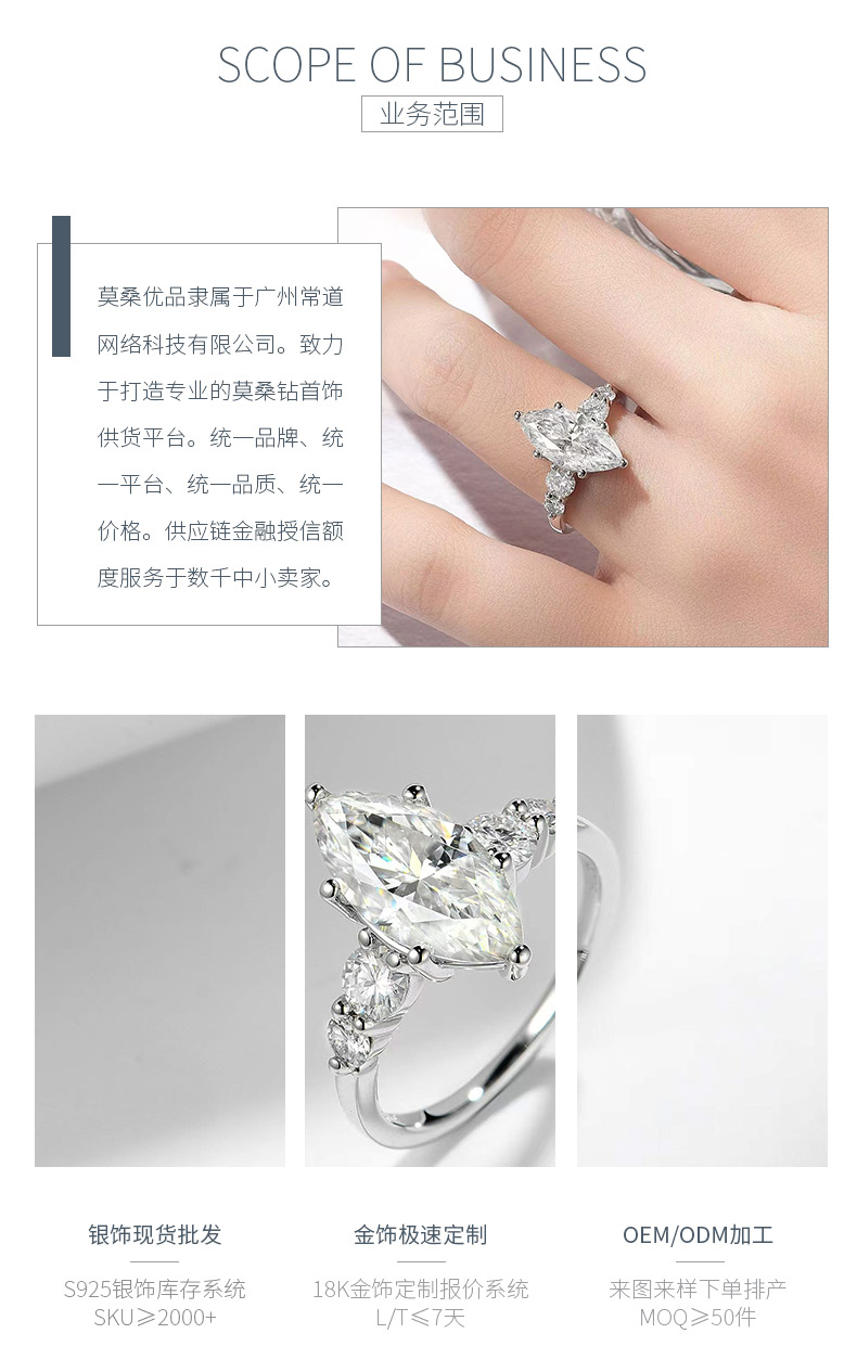 R3-0603橄榄星光款S925银镀18K白金马眼形莫桑钻女戒主石7*14mm/3ct - 3