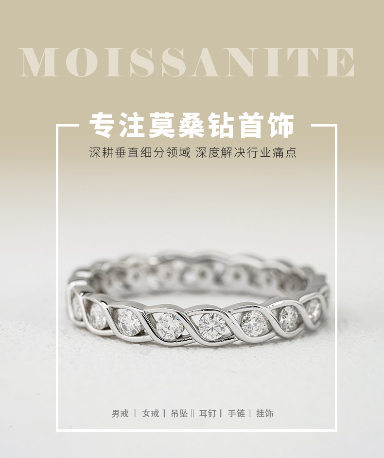 R3-0673缠绵光影款S925银镀18K白金圆形莫桑钻排戒0.4ct - 1