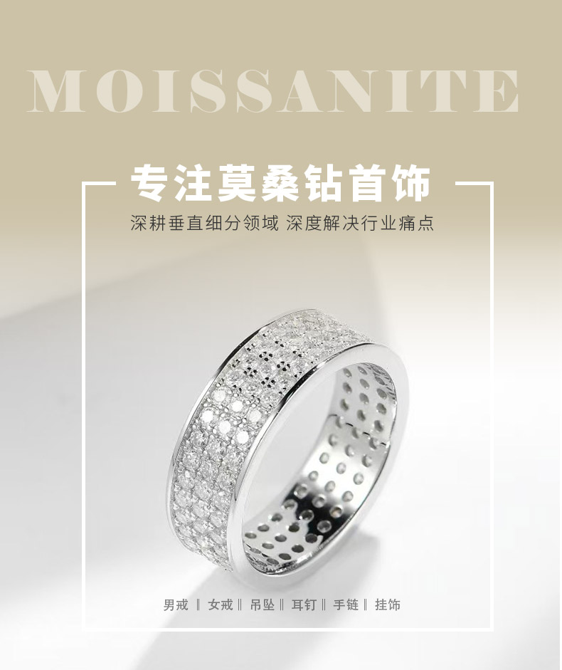 R3-0645三重星光款S925银镀18K白金圆形莫桑钻满镶排戒1.67ct - 1