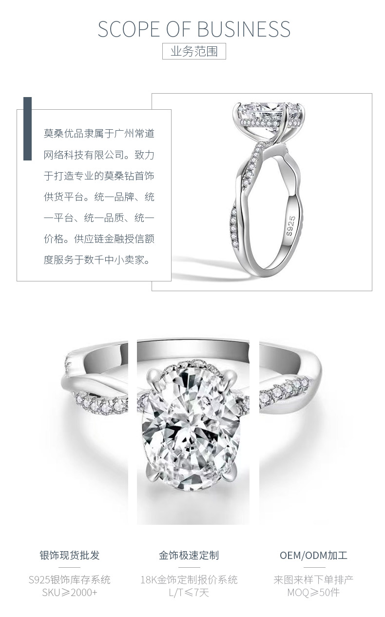 R3-0358椭影藤蔓款S925银镀18K白金蛋形莫桑钻女戒主石9*7mm/2.0ct - 3