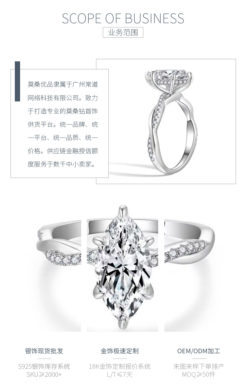 R3-0561橄榄藤蔓款S925银镀18K金马眼形莫桑钻女戒主石6*12mm/2.0ct - 3