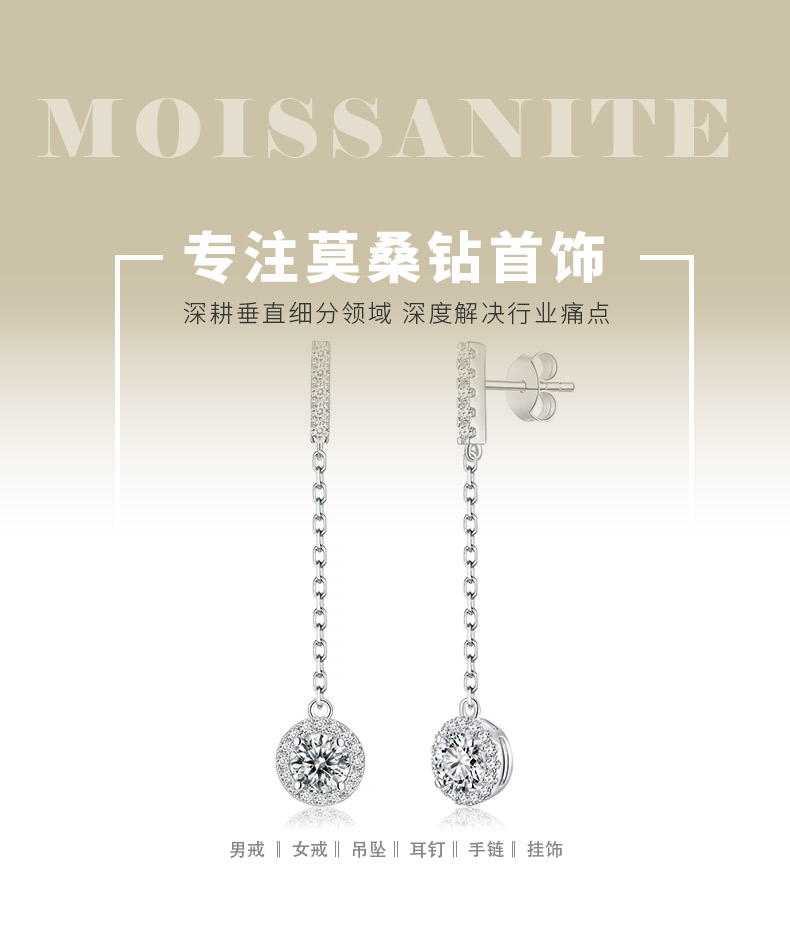 EM4008E星辰流苏款S925银镀18K白金圆形莫桑钻流苏耳钉0.5ct*2/1.0ct*2 - 1