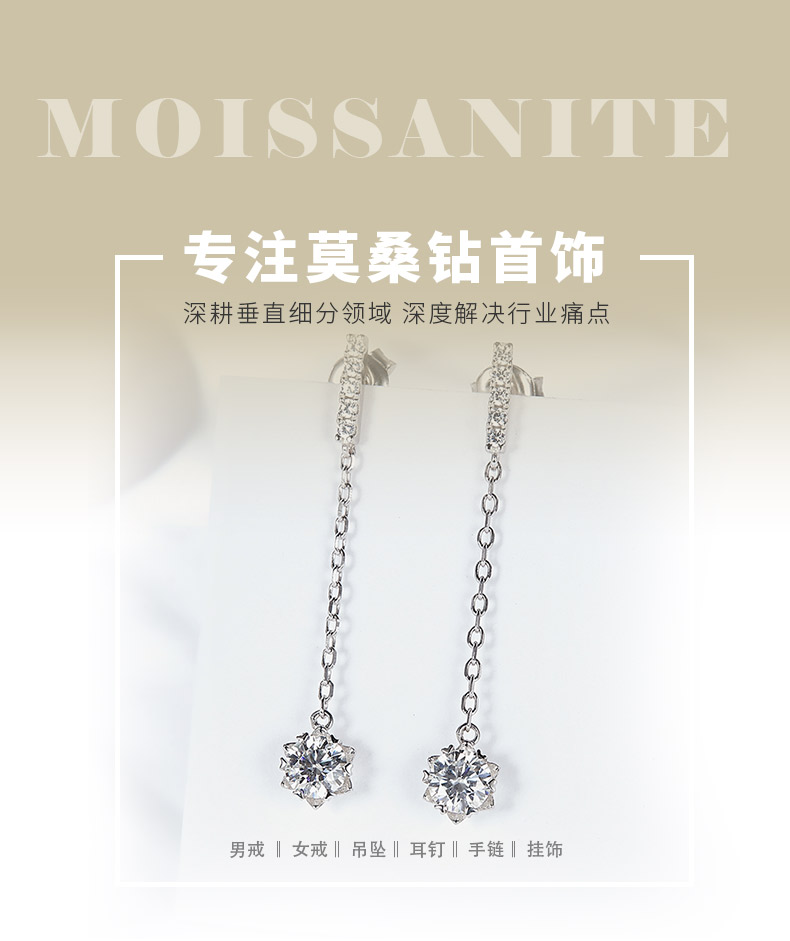 EM4012E雪晶之恋款S925银镀18K白金圆形莫桑钻耳钉流苏灵动耳钉0.5ct*2 - 1