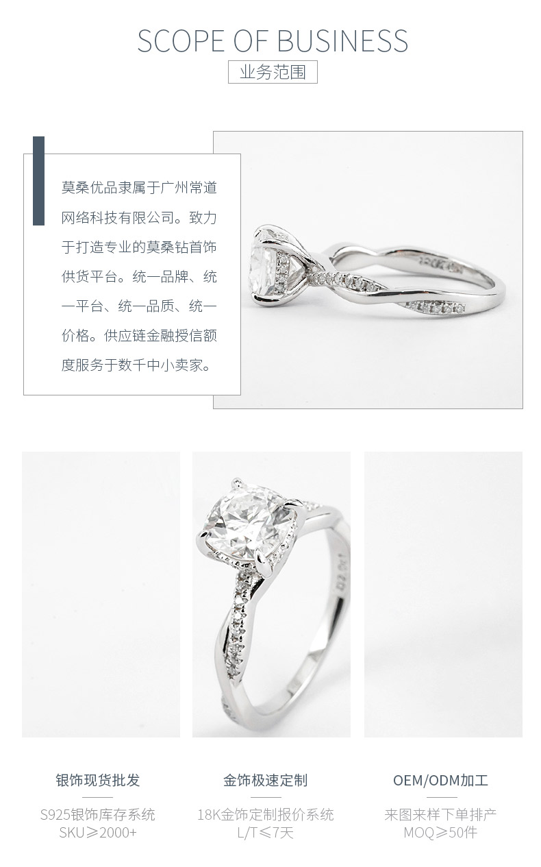 R3-0619满方藤蔓款S925银镀18K金枕形莫桑钻女戒主石7*7mm/2.0ct - 3