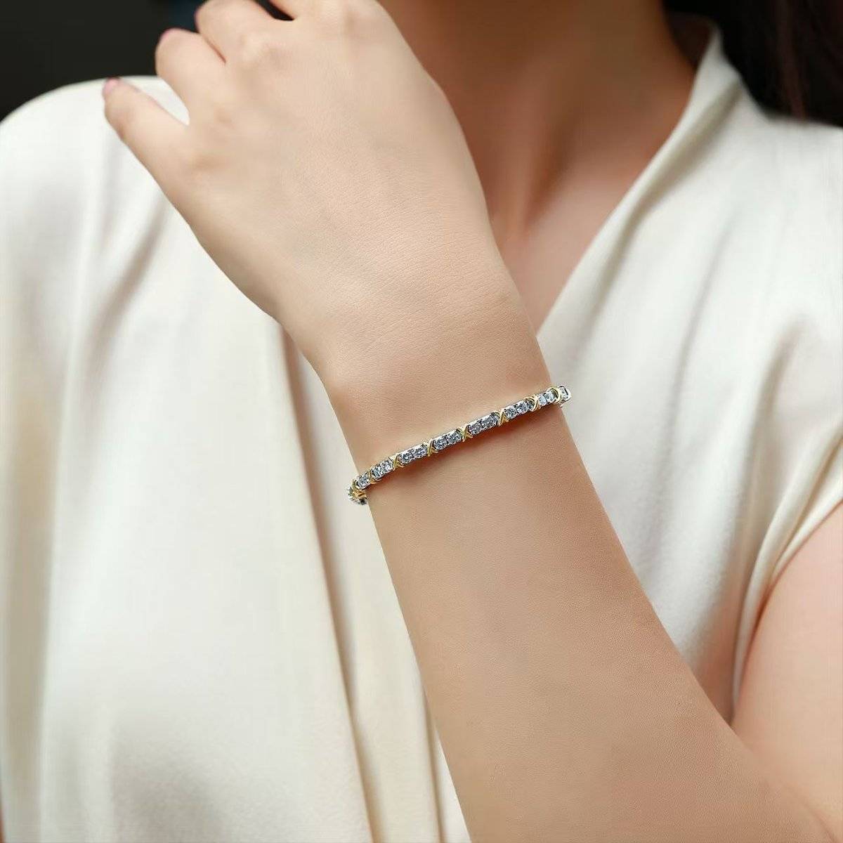 SB0383813-3.0mm款S925银镀18K金圆形MoissaniteX款Bracelet3.0mm/粒/3.6ct